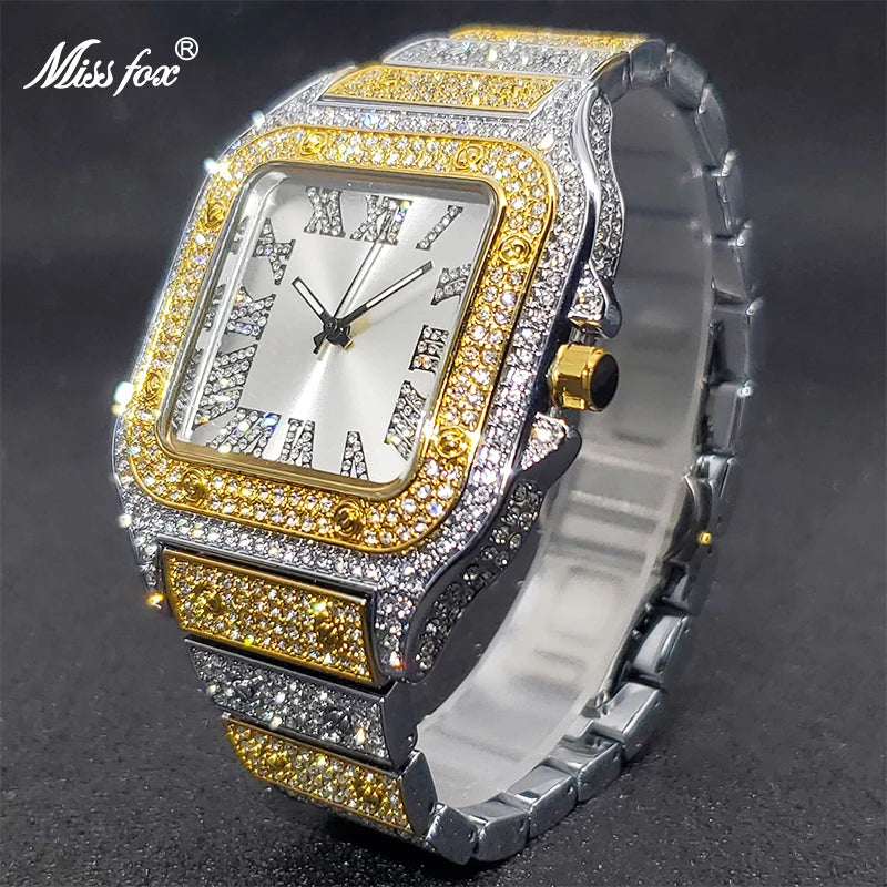 MISSFOX Square Watches For Men Luxury Designer Diamond Watch Limitied Ice Gray Edition Quartz Wristwatches For Couple Wholesale