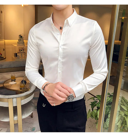 2024 Men's Shirt Neckline Embroidery Long Sleeve Casual Slim Men's Dress Shirt Solid Color Formal Business Social Clothing Top