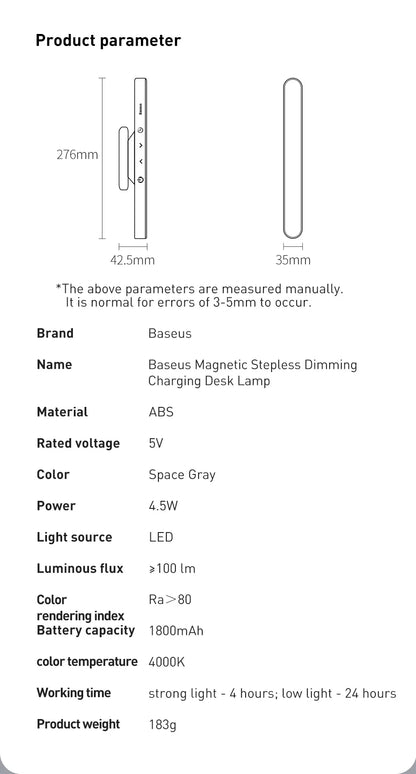 Baseus LED Table Lamp Magnetic Desk Lamp Hanging Wireless Touch Night Light for Study Reading Lamp Stepless Dimming USB Light