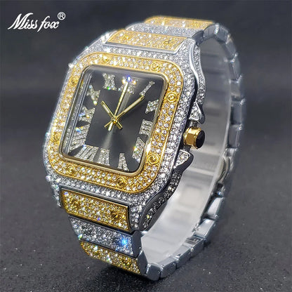 MISSFOX Square Watches For Men Luxury Designer Diamond Watch Limitied Ice Gray Edition Quartz Wristwatches For Couple Wholesale