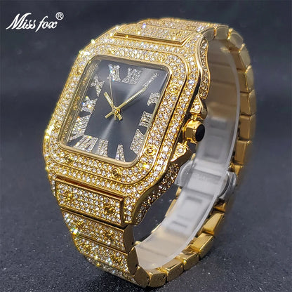 MISSFOX Square Watches For Men Luxury Designer Diamond Watch Limitied Ice Gray Edition Quartz Wristwatches For Couple Wholesale