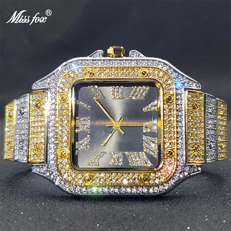 MISSFOX Square Watches For Men Luxury Designer Diamond Watch Limitied Ice Gray Edition Quartz Wristwatches For Couple Wholesale