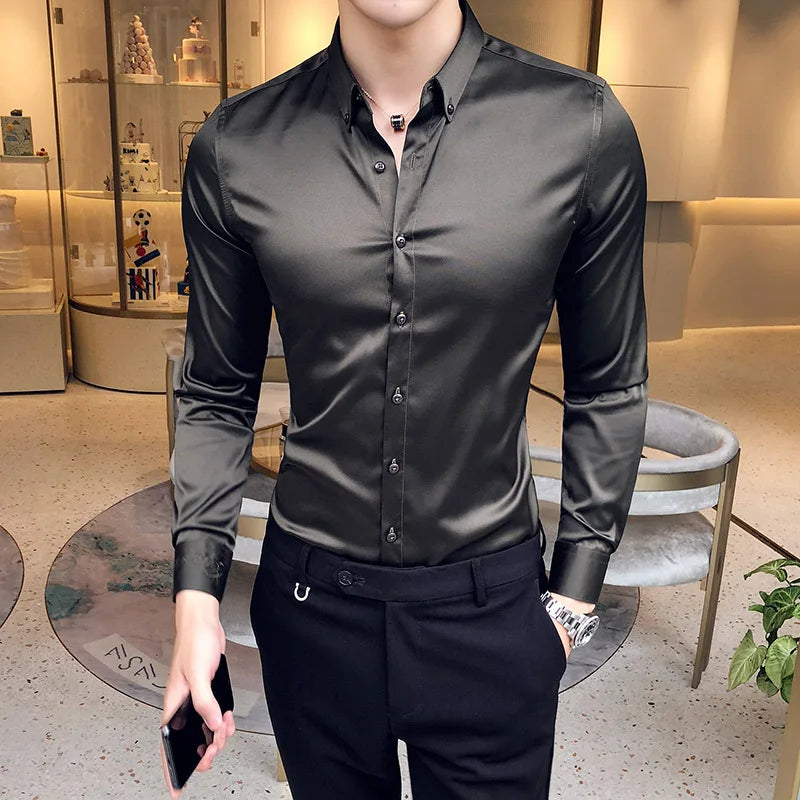 2024 Men's Shirt Neckline Embroidery Long Sleeve Casual Slim Men's Dress Shirt Solid Color Formal Business Social Clothing Top