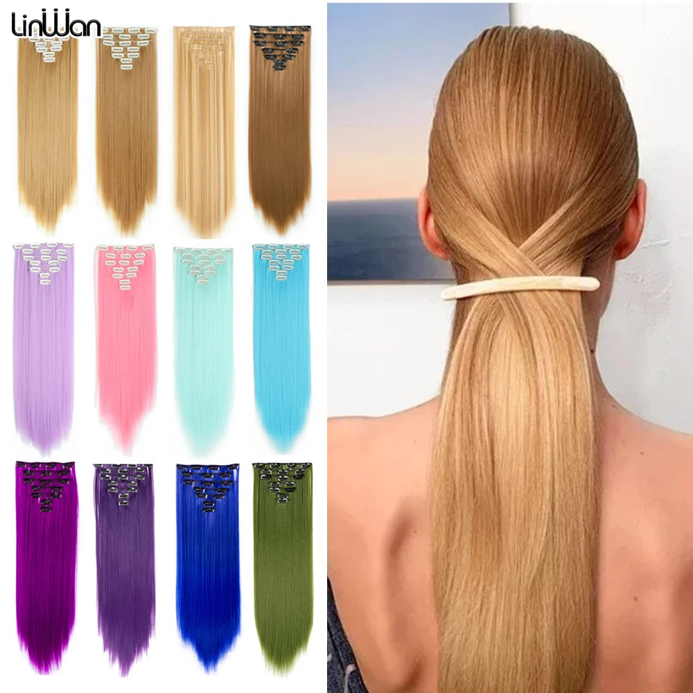 16 Clips in Hair Extensions 22Inchs Long Straight Hairstyle Synthetic Blonde Black Hairpieces Heat Resistant False Hair