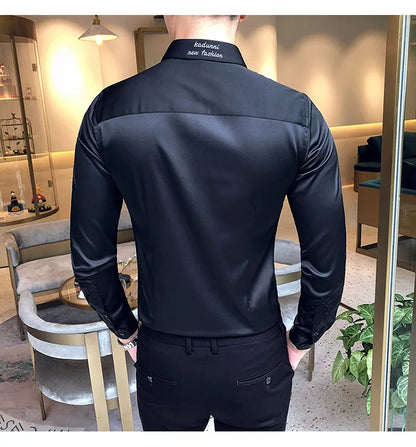 2024 Men's Shirt Neckline Embroidery Long Sleeve Casual Slim Men's Dress Shirt Solid Color Formal Business Social Clothing Top