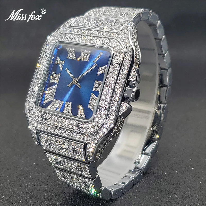 MISSFOX Square Watches For Men Luxury Designer Diamond Watch Limitied Ice Gray Edition Quartz Wristwatches For Couple Wholesale