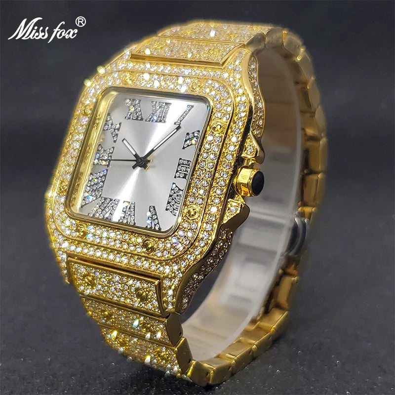 MISSFOX Square Watches For Men Luxury Designer Diamond Watch Limitied Ice Gray Edition Quartz Wristwatches For Couple Wholesale