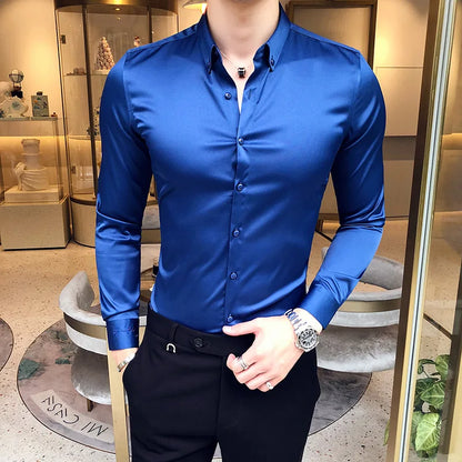 2024 Men's Shirt Neckline Embroidery Long Sleeve Casual Slim Men's Dress Shirt Solid Color Formal Business Social Clothing Top