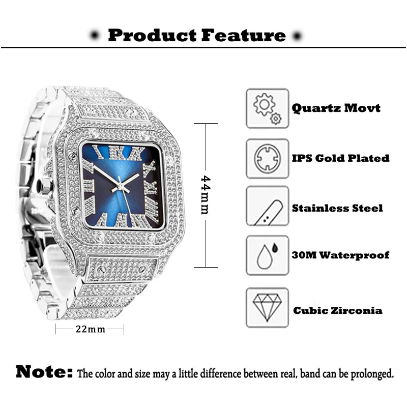 MISSFOX Square Watches For Men Luxury Designer Diamond Watch Limitied Ice Gray Edition Quartz Wristwatches For Couple Wholesale