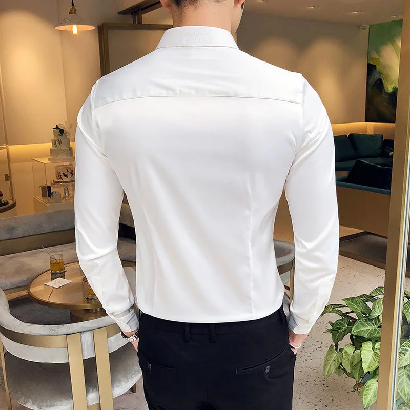 2024 Men's Shirt Neckline Embroidery Long Sleeve Casual Slim Men's Dress Shirt Solid Color Formal Business Social Clothing Top