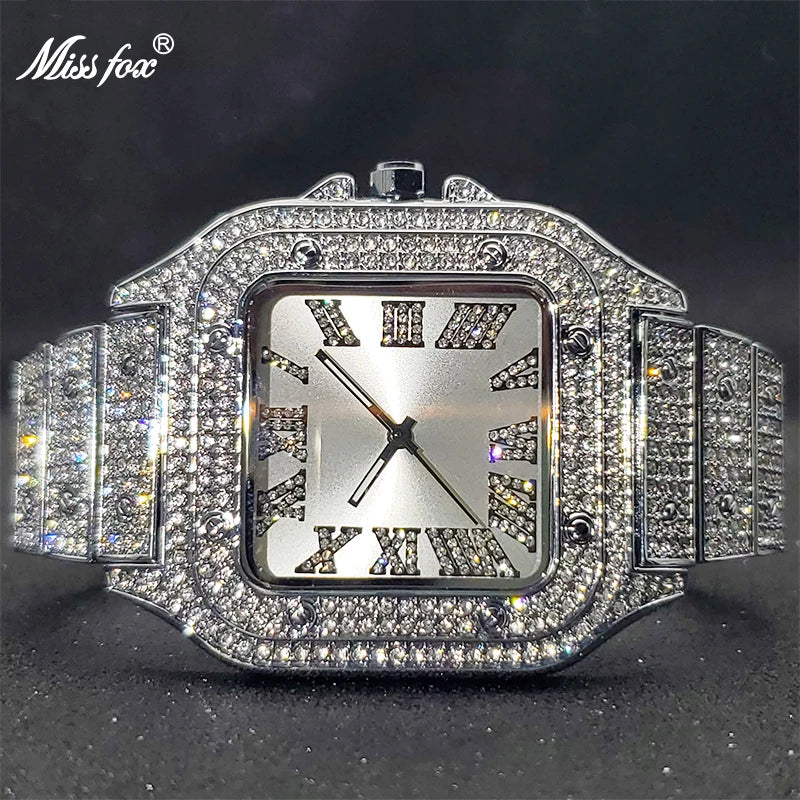 MISSFOX Square Watches For Men Luxury Designer Diamond Watch Limitied Ice Gray Edition Quartz Wristwatches For Couple Wholesale