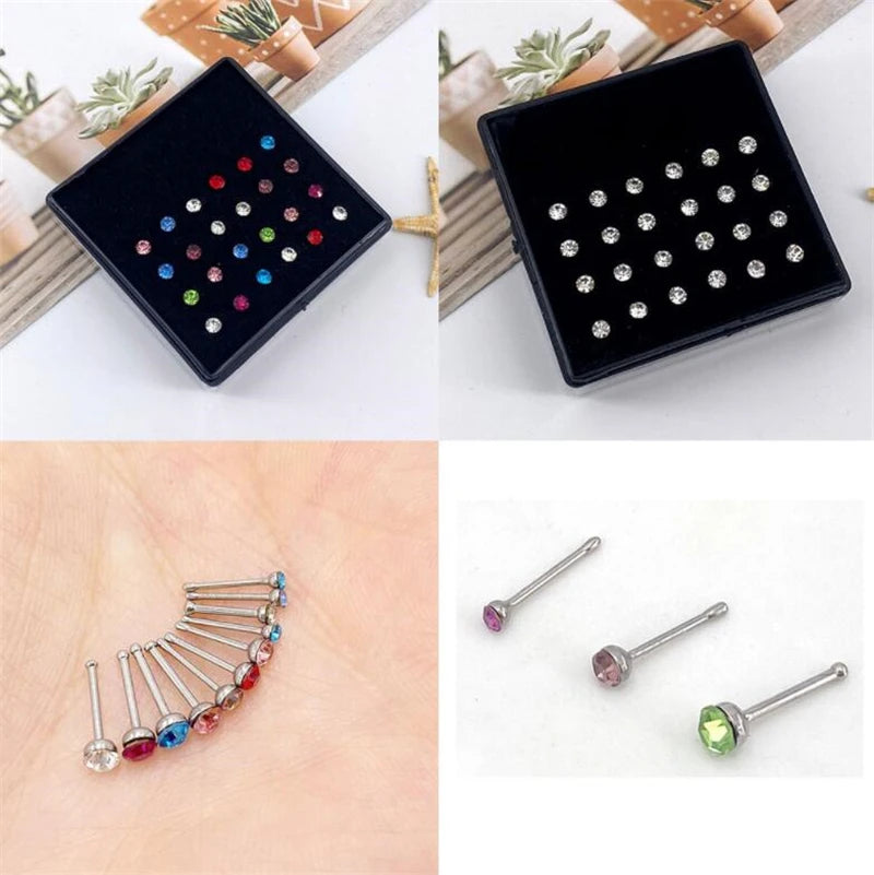 1Set 24pcs 1.8/2.5/3mm Surgical Steel Nose Rings Kit Hypoallergenic Studs Crystal Body Piercing Jewelry Accesories For Women Men