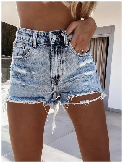 Summer Women Ripped Washed Hole Hight Waist Denim Pants Short Bermuda Pant Casual Tassel Tight Five-point Stitch Street Pants