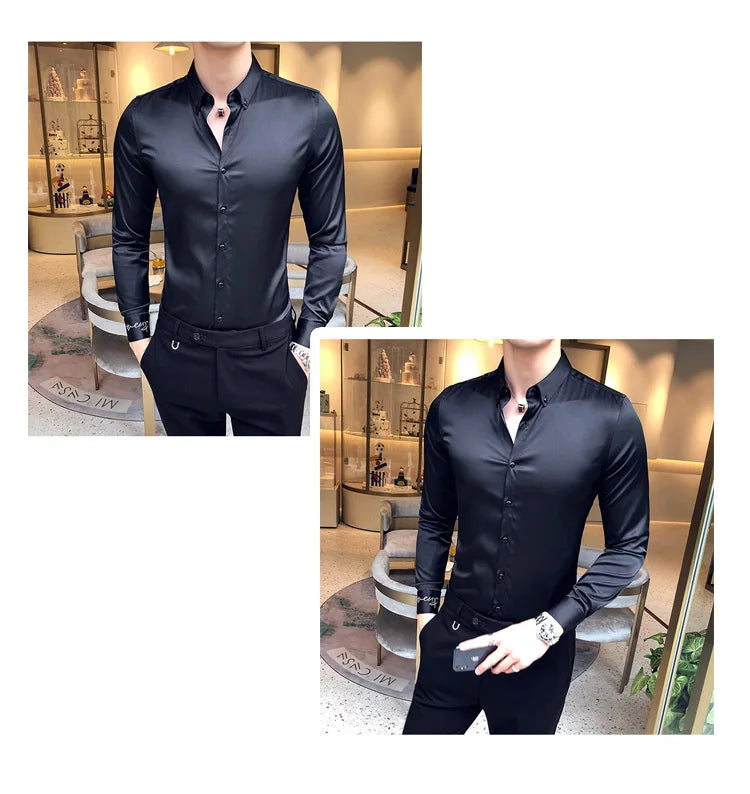 2024 Men's Shirt Neckline Embroidery Long Sleeve Casual Slim Men's Dress Shirt Solid Color Formal Business Social Clothing Top