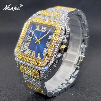 MISSFOX Square Watches For Men Luxury Designer Diamond Watch Limitied Ice Gray Edition Quartz Wristwatches For Couple Wholesale