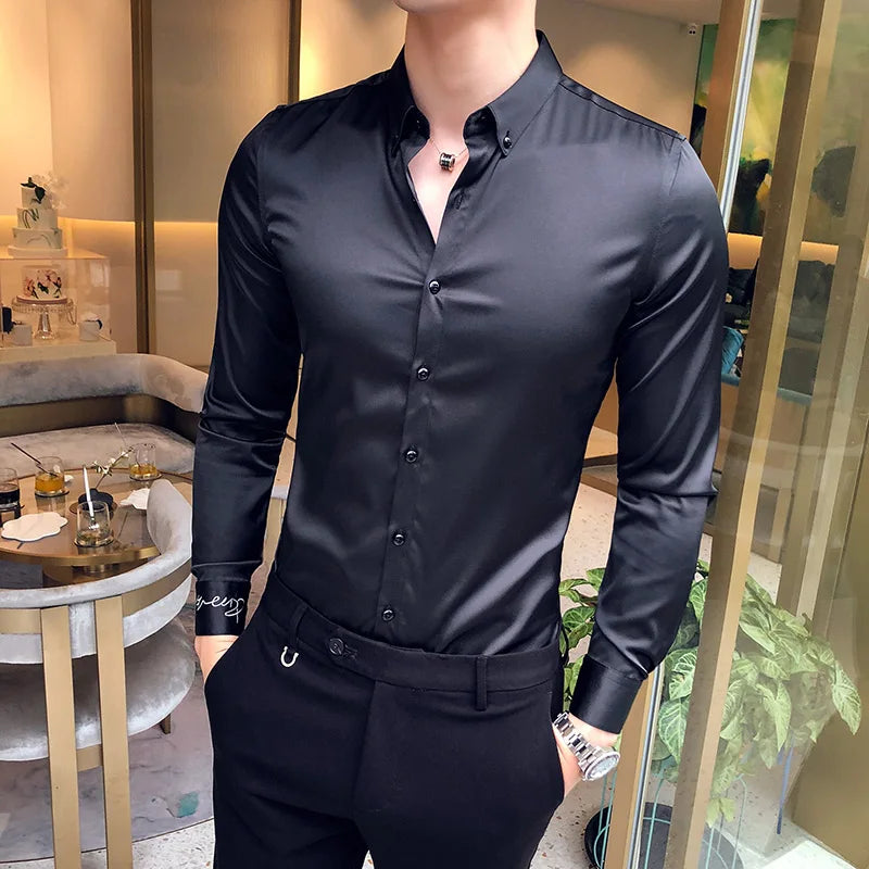 2024 Men's Shirt Neckline Embroidery Long Sleeve Casual Slim Men's Dress Shirt Solid Color Formal Business Social Clothing Top