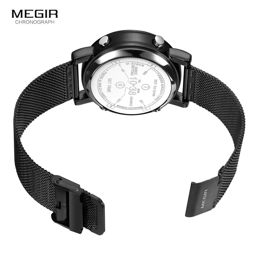 MEGIR 2020 New Luxury Watches Men Military Sport Roller Pointer Quartz Watch Man Fashion Stainless Steel Mesh Strap Wristwatch