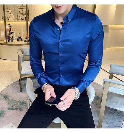 2024 Men's Shirt Neckline Embroidery Long Sleeve Casual Slim Men's Dress Shirt Solid Color Formal Business Social Clothing Top