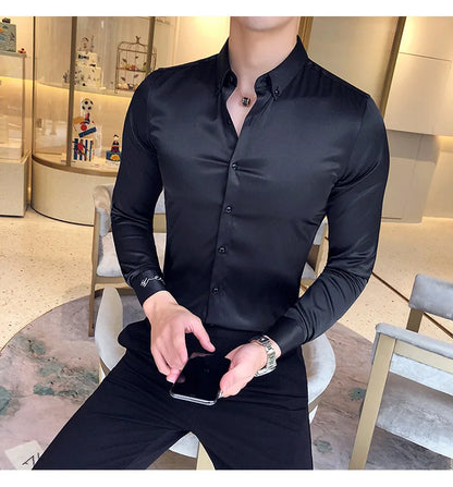 2024 Men's Shirt Neckline Embroidery Long Sleeve Casual Slim Men's Dress Shirt Solid Color Formal Business Social Clothing Top