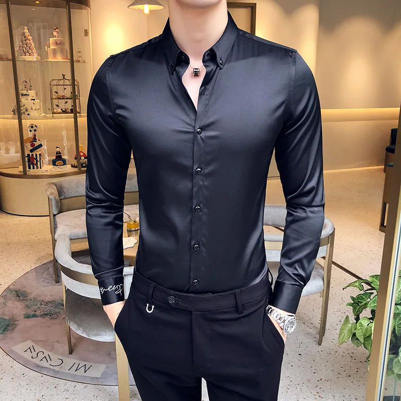 2024 Men's Shirt Neckline Embroidery Long Sleeve Casual Slim Men's Dress Shirt Solid Color Formal Business Social Clothing Top