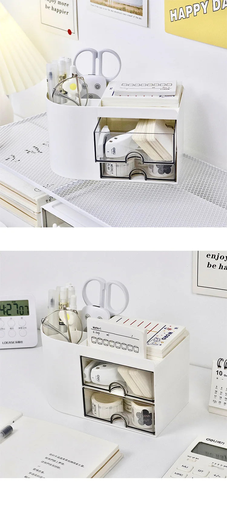 Simple Pen Holder With Drawer Multifunction Desktop Organizer Stationery Storage Box Student Office Desk Decorations