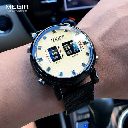 MEGIR 2020 New Luxury Watches Men Military Sport Roller Pointer Quartz Watch Man Fashion Stainless Steel Mesh Strap Wristwatch