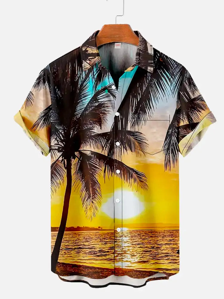 Men's Hawaiian coconut tree pattern shirts Summer beach sunset shirt Men's casual short sleeved shirt Exquisite 3D printed shirt