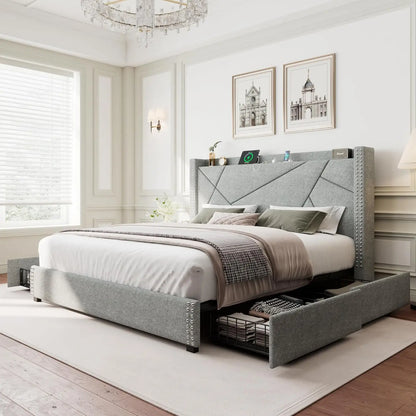 Storage Bed Frame with 4 Drawers, Upholstered Bed Frame with Minimalist Wingback Headboard and Charging Station