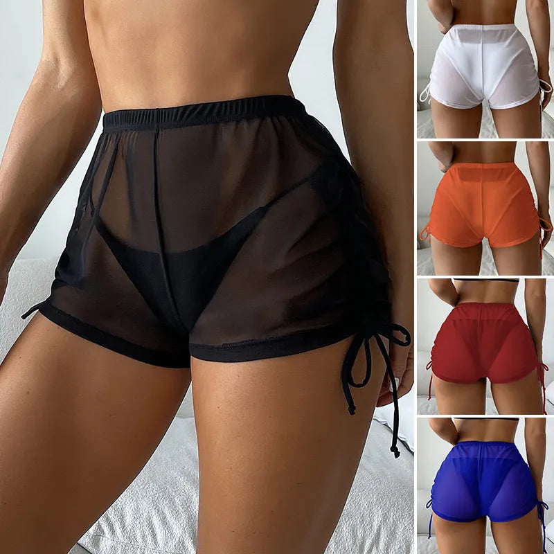 Women Sexy Sheer Mesh Bikini Shorts Summer Beach Transparent Cover Up Beachwear Solid Color High Waist Drawstring Short Pants