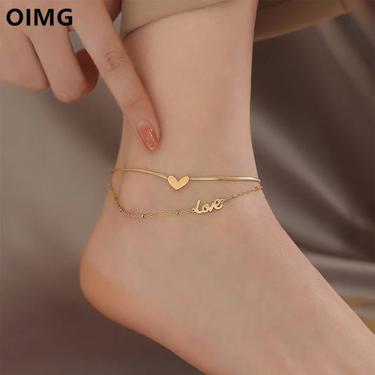 OIMG 316L Stainless Steel Gold Color Foot Jewelry Vintage Trendy Double Layer Heart Letter Pendant Anklet For Women Bohemain