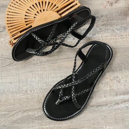 2024 New Fashion Round Toe Shallow Mouth New Thin Strap Braided Sandals Summer Elegant Casual Flat Shoes NO:E2240