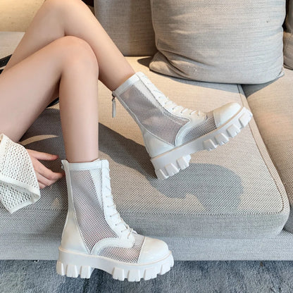 2022 Summer New Platform Ankle Boots For Women Black White Mesh Breathable Sandals Casual Shoes Woman Zip Thick Bottom Booties