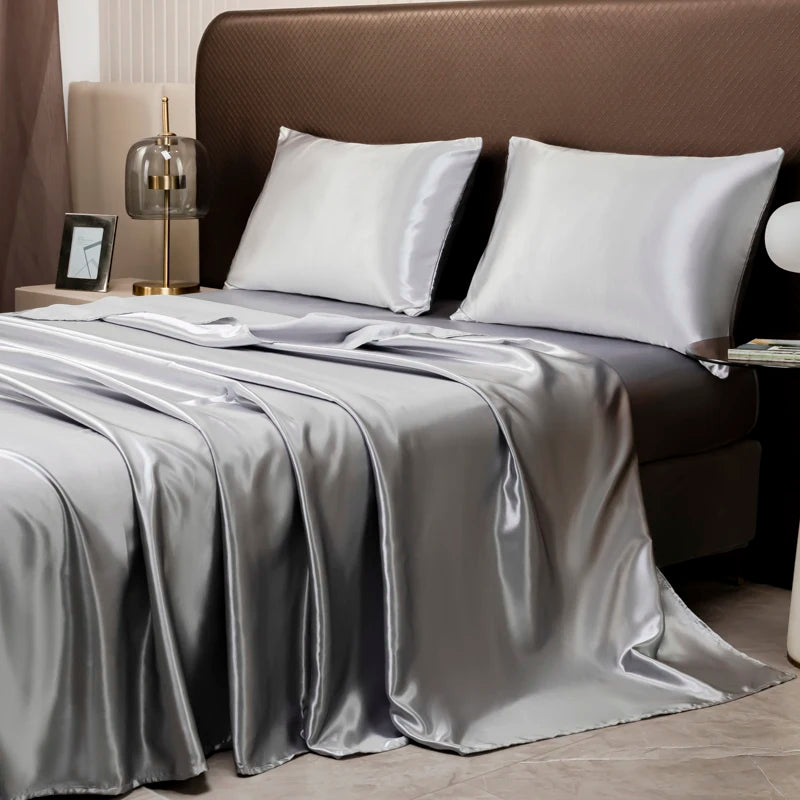 Satin Silk Bed Sheet with Pillowcase Twin/Full/Queen/King Top Sheets Solid Color Flat Bed Sheets Smooth Bed Sheet Sets