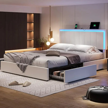 Full Bed Frame with Storage Drawers,LED Light Full Size Platform Bed with Charging Station,Artificial Leathe rUpholstered Bed