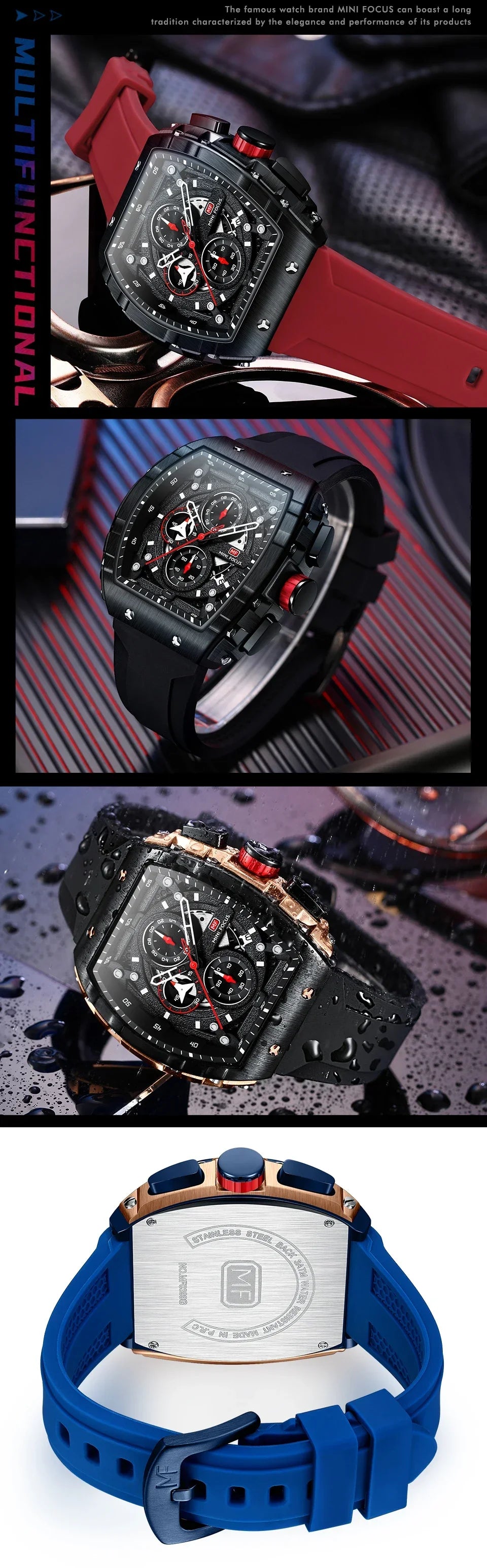 MINI FOCUS Student Tonneau Dial Military Silicone Strap Youth Sport Clock Quartz Watches for Men's Chronograph Wristwatch 0399G