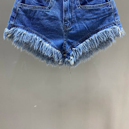 [EWQ] Fashion Green A-line Casual Denim Shorts For Women Streetwear 2024 Summer New Tide Tassel Wide Leg Hot Short Jeans 16Y8995