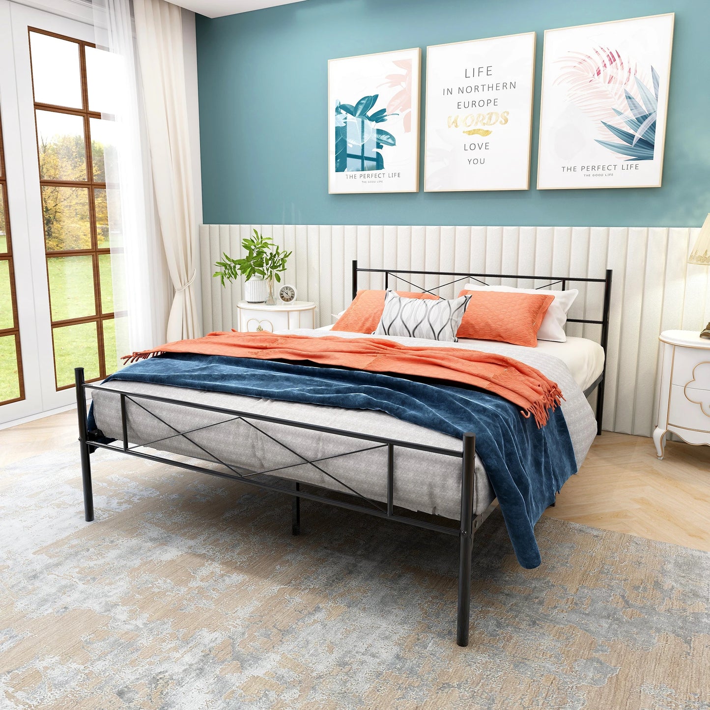 Queen Size Metal Bed Frame Mattress Foundation with Vintage Headboard and Footboard Bedroom Furniture