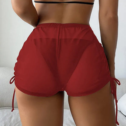 Women Sexy Sheer Mesh Bikini Shorts Summer Beach Transparent Cover Up Beachwear Solid Color High Waist Drawstring Short Pants