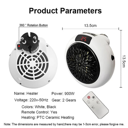 Portable Electric Heater Mini Wall Mount Warm Air Heater Warmer Fan Silent Remote Fast Heat Thermostat For Home