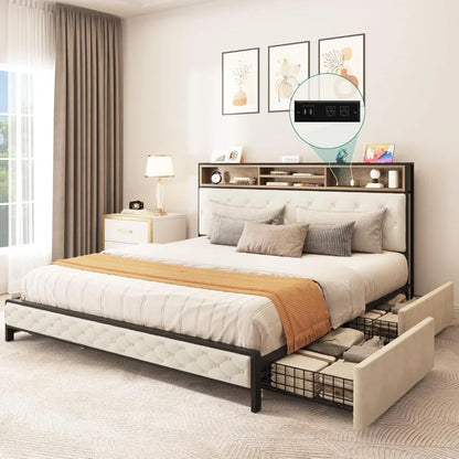 King Size Bed Frame with 4 Storage Drawers, Platform Bed Frame with USB Charging Station and Upholstered Headboard