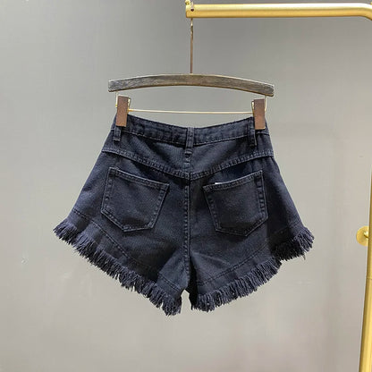 [EWQ] Fashion Green A-line Casual Denim Shorts For Women Streetwear 2024 Summer New Tide Tassel Wide Leg Hot Short Jeans 16Y8995