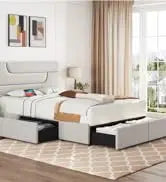 Queen Frame Upholstered Platform Bed With Fabric Headboard, Wing Edge Design/Non-Slip And Noise-Free/Wooden Slats