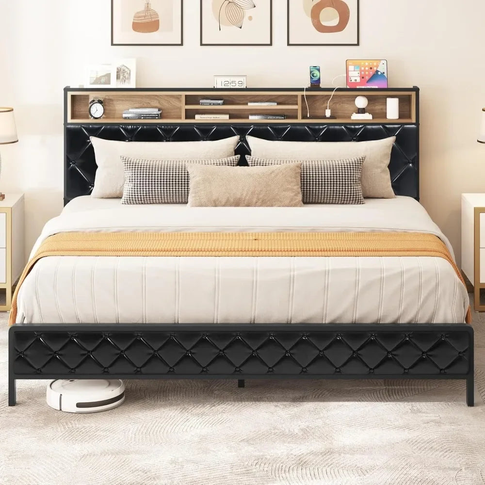 King Size Bed Frame with 4 Storage Drawers, Platform Bed Frame with USB Charging Station and Upholstered Headboard