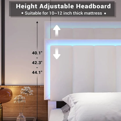 Full Bed Frame with Storage Drawers,LED Light Full Size Platform Bed with Charging Station,Artificial Leathe rUpholstered Bed