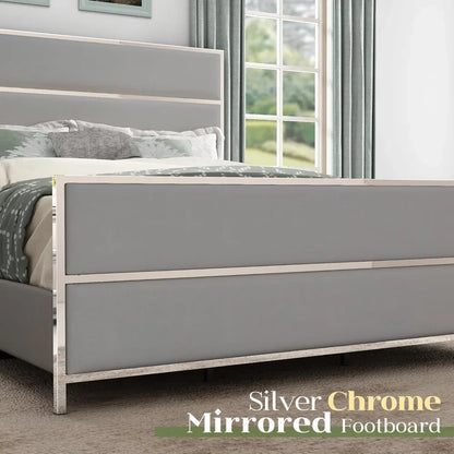 Queen Size Bed Frame with 59" Tall Headboard, Velvet Upholstered Platform Bed with Channel Tufted and Silver Trim Footboard