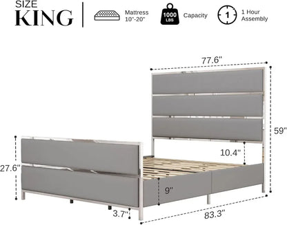 Queen Size Bed Frame with 59" Tall Headboard, Velvet Upholstered Platform Bed with Channel Tufted and Silver Trim Footboard