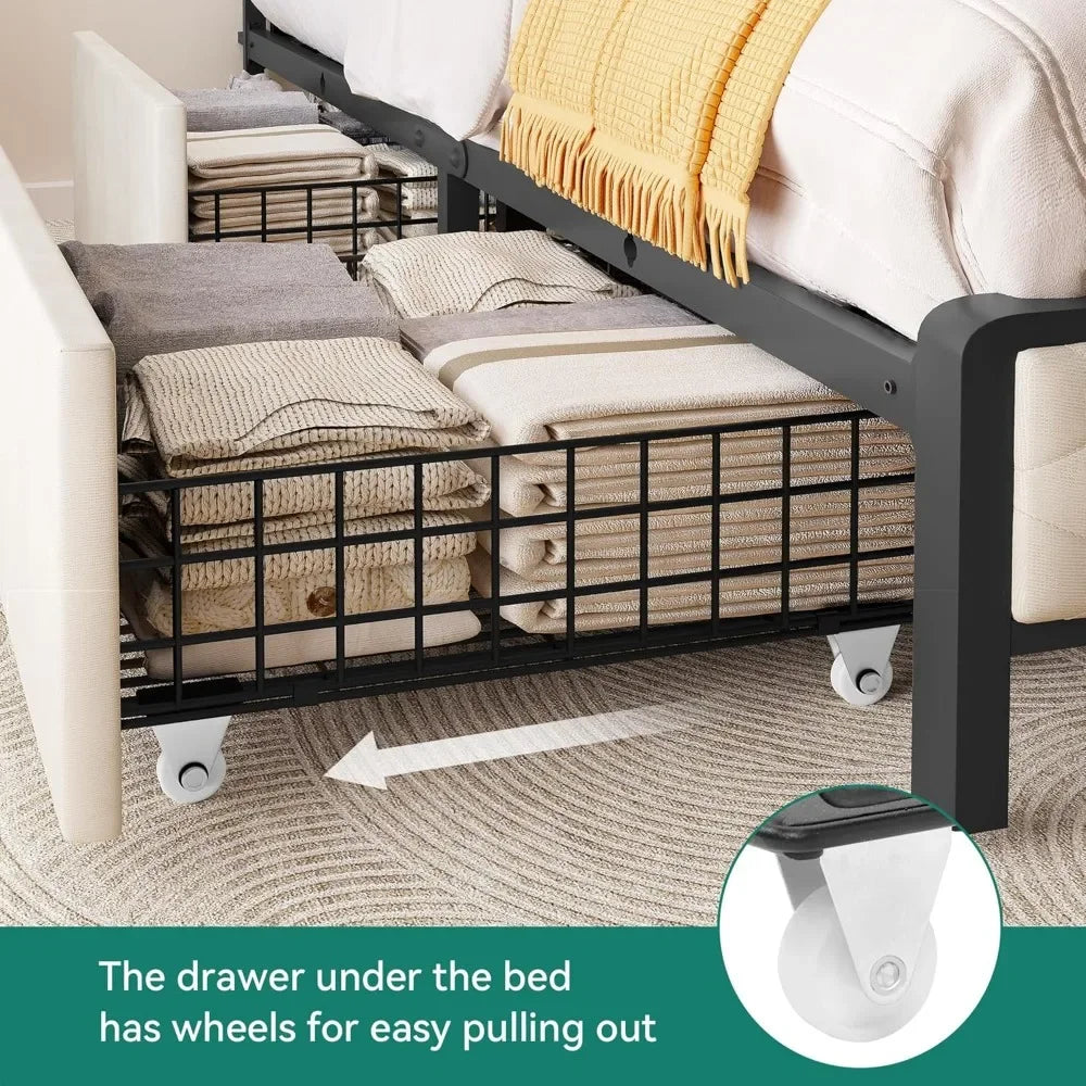 King Size Bed Frame with 4 Storage Drawers, Platform Bed Frame with USB Charging Station and Upholstered Headboard