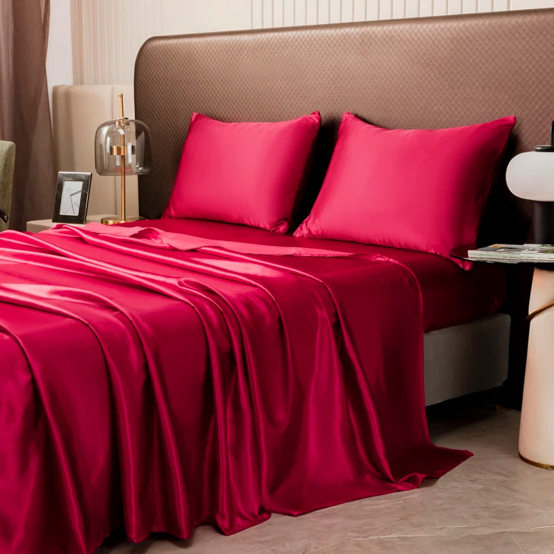 Satin Silk Bed Sheet with Pillowcase Twin/Full/Queen/King Top Sheets Solid Color Flat Bed Sheets Smooth Bed Sheet Sets