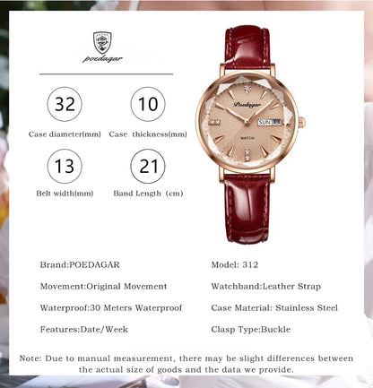 POEDAGAR Exquisite Ladies Watch Luxury Fashion Ultra-thin Leather Belt Waterproof Luminous Quartz Women Wristwatch Female Clocks