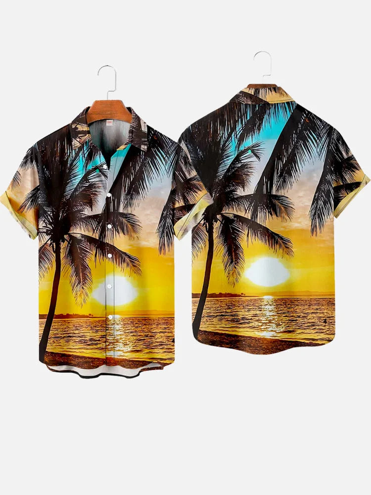 Men's Hawaiian coconut tree pattern shirts Summer beach sunset shirt Men's casual short sleeved shirt Exquisite 3D printed shirt